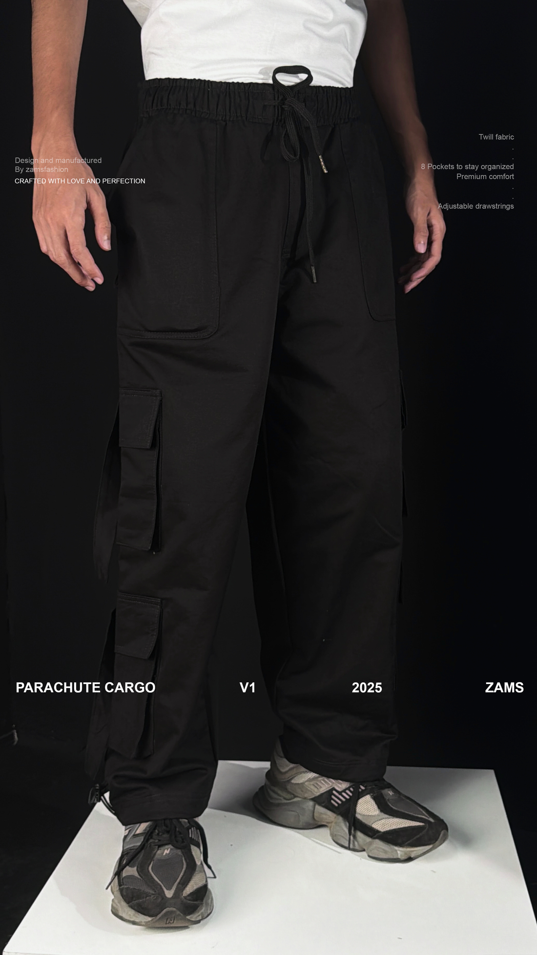 Black Parachute Cargo 8 Pockets - Adjustable Drawstrings